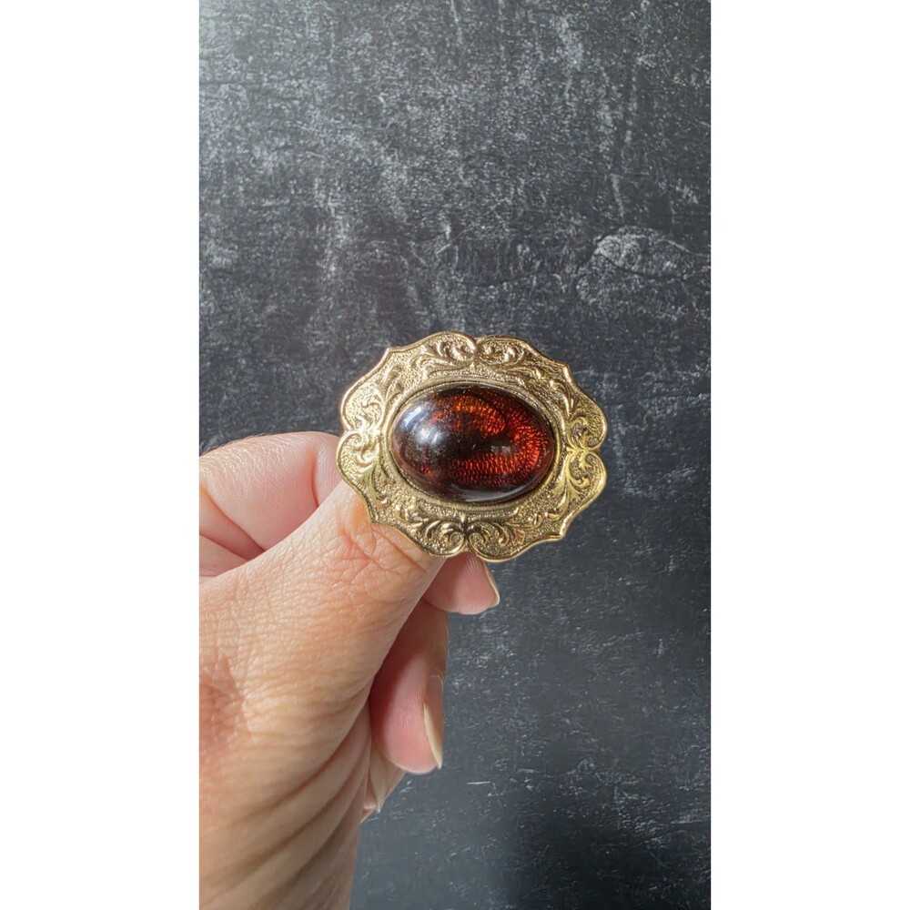 Amber Cabochon Gold Tone Metal Brooch Vintage Costume Jewelry READ Description